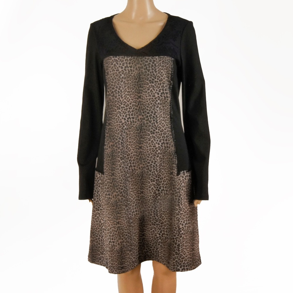 Vintage Save The Queen Leopard Print Lace Sequin Trim Black Long Sleeve Dress